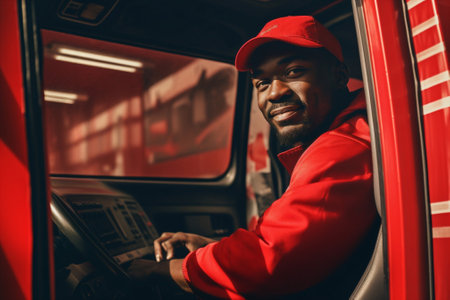 Man trendy transportation truck delivery car cargo courier happy guy portraitの素材