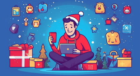 santa laptop communication home house christmas family character holiday happy. Generative AI.の素材