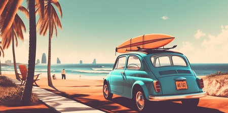 road car retro trip vintage beach tropical summer travel vacation. Generative AI.の素材