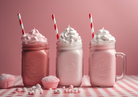 cream cocktail retro drink beverage pink glass ice sweet milkshake. Generative AI.の素材