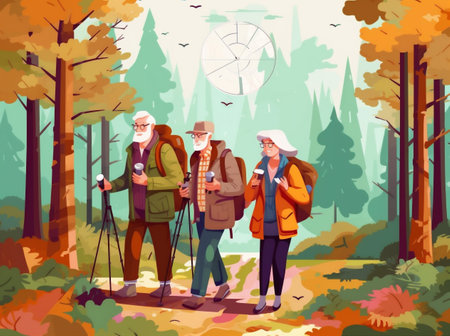 trekking couple hiking walking elderly grandfather old happy active senior. Generative AI.の素材