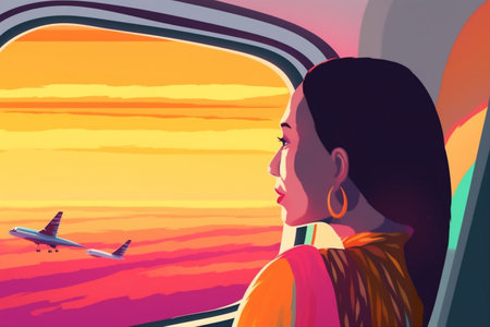 woman transportation plane window seat airline trip character passenger journey flight. Generative AI.の素材