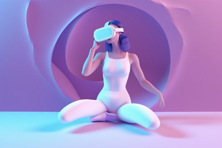 sport woman glasses neon vr virtual digital three-dimensional reality game innovation. Generative AI.の素材