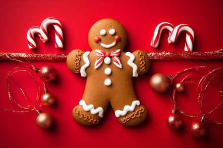 man holiday cookie christmas candy white food gingerbread red decoration sweet background. Generative AI.の素材