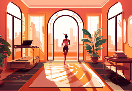 woman health style fitness running run exercise training sport boho fit treadmill. Generative AI.の素材