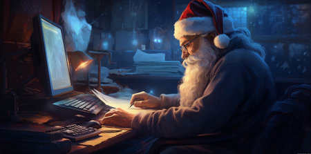 happy christmas santa home character family laptop communication holiday house. Generative AI.の素材