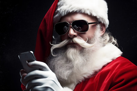 man male smartphone santa year claus phone merry christmas mobile holiday. Generative AI.の素材