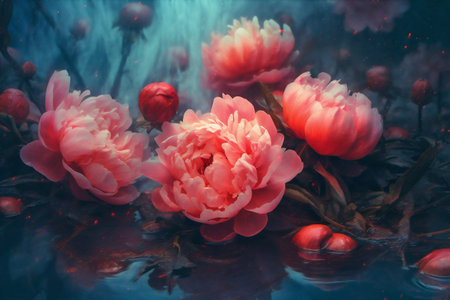 blossom flower peony flora nature bloom bright neon design colours. Generative AI.の素材