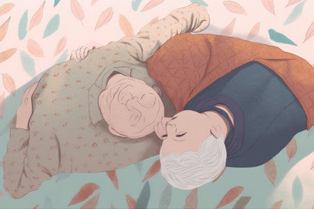 woman man bed asleep grandmother retired old happy love sleep together couple. Generative AI.の素材