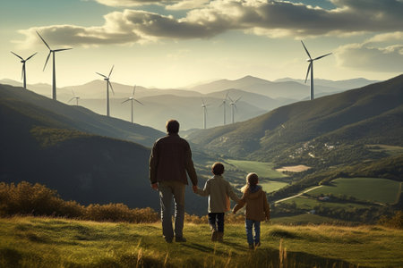 Childhood together happiness nature family fun father happy turbine lifestyle sunset summer electricityの素材