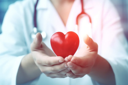 cardiology hand hospital care doctor concept heart health medicine person. Generative AI.の素材