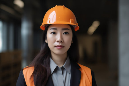 helmet woman business industry portrait job asian industrial female smile engineer. Generative AI.の素材