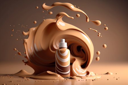 Cosmetic beige facial foundation, liquid spray fluid with template vial on beige background, facial cosmetics presentation on runway, space for text, copy space. Generative AI.の素材