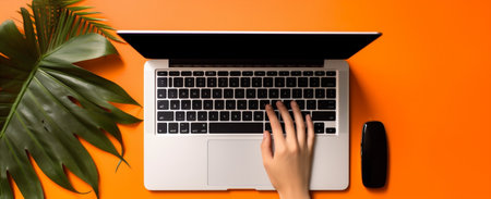 business palm hand orange computer background laptop office leaf keyboard space. Generative AI.の素材