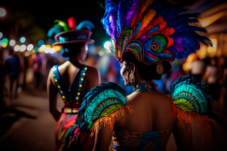 Holiday carnival with people men and women in carnival costumes lifestyle on the streets of a much city, glowing outfits, long exposure, smudgy figures, vacation travel. Generative AIの素材