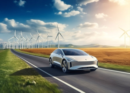 Modern electric windmill electricity eco car vehicle energy industry transportation technologyの素材
