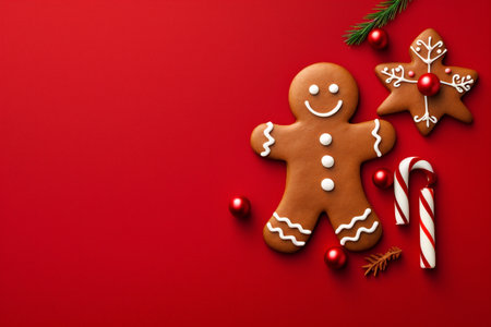 man food cookie christmas holiday decoration background red gingerbread sweet illustration santa. Generative AI.の素材