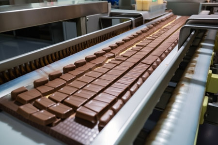 factory chocolate production industrial industry food sweet candy dessert manufacturing. Generative AI.の素材