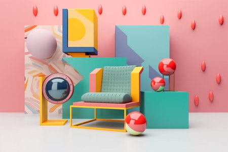 design home form colourful room interior sofa art geometric armchair memphis. Generative AI.の素材