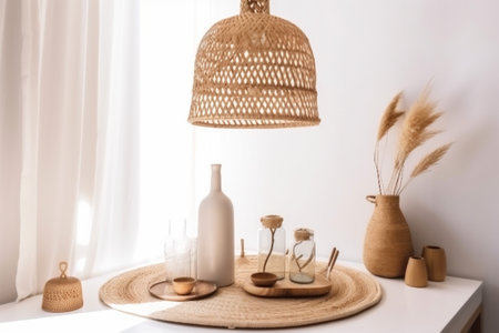 furniture beige style rattan room dining table decor kitchen lamp. Generative AI.の素材