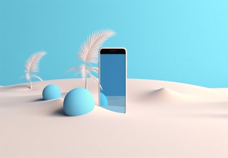 up creative sea cyber summer mock concept phone holiday palm sand. Generative AI.の素材