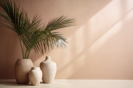 shadows decor sunlight beige design lifestyle wall vase interior concrete home. Generative AI.の素材