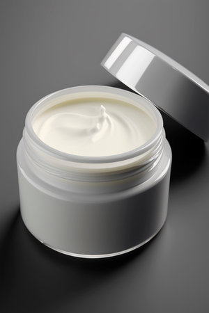 Modern beauty product beauty cream for skin care and moisturizing anti-aging cream jar top close up view on gray background, health and beauty concept. Copy space, template. Generative AI.の素材