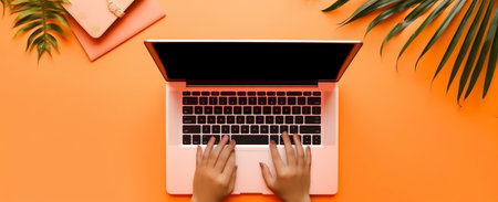 table laptop orange leaf palm background hand business computer keyboard office. Generative AI.の素材
