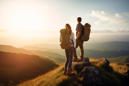 A pair of man and woman friends standing on top of a mountain together on a hike with backpacks in the sunset sunlight, a view of the beautiful scenery from above, a family hike. Generative AI.の素材