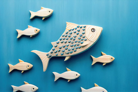 Toys wooden carved fish on a blue insulated background. Generative AIの素材