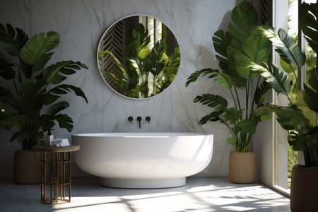 tropical interior design clean white home sink bathroom green leaf plant. Generative AI.の素材