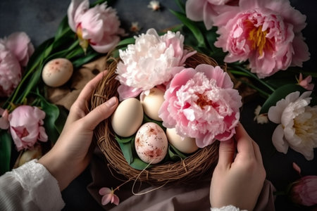 floral pink easter spring background egg holiday peony celebration blossom flower. Generative AI.の素材