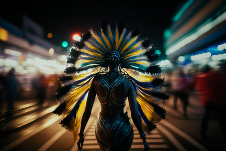 Holiday carnival with people men and women in carnival costumes lifestyle on the streets of a much city, glowing outfits, long exposure, smudgy figures, vacation travel. Generative AIの素材