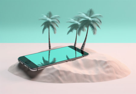 concept cyber sand summer phone mock sea creative holiday palm up. Generative AI.の素材