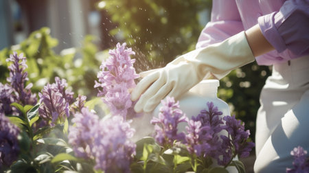 Working woman picking gardener agriculture watering basket organic flower plant farmerの素材