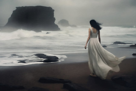 sky woman sea dress ocean cloud storm nature lady summer beach. Generative AI.の素材