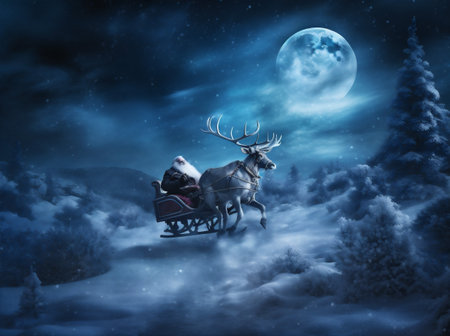 holiday christmas claus reindeer winter claus sleigh santa gift december night. Generative AI.の素材