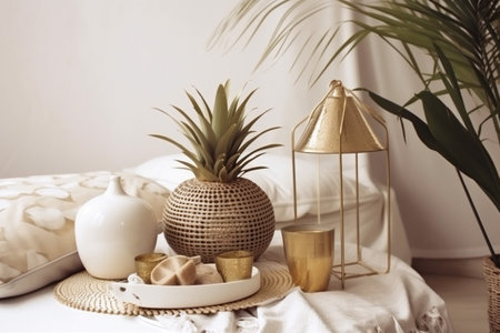 design furniture bed table lamp modern palm rattan interior tray home. Generative AI.の素材
