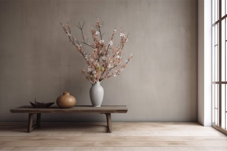 vase copy plaster wooden contemporary space wall interior home design table decor. Generative AI.の素材