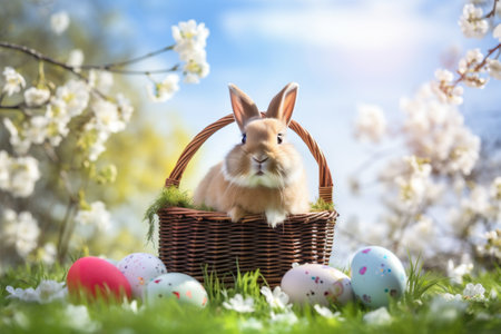 meadow spring cute rabbit grass flower egg egg animal easter easter. Generative AI.の素材