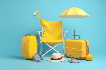 background travel sunglasses blue summer suitcase concept flamingo inflatable vacation yellow. Generative AI.の素材
