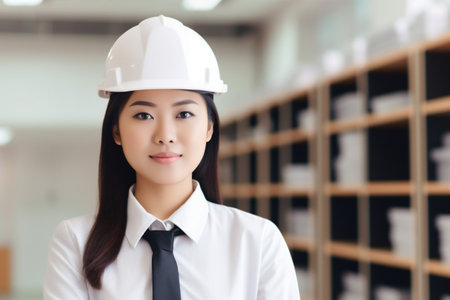 engineer woman business industrial job smile foreman helmet industry asian portrait. Generative AI.の素材