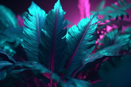 layout background exotic art neon plant purple leaf night tropical jungle. Generative AI.の素材
