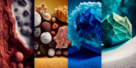 Collage wallpaper of textured natural stones and minerals of the planet on a colored background, screensaver wallpaper, gemstones of different colors and textures. Generative AI.の素材