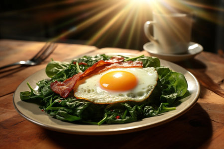 Plate meat lunch breakfast bacon meal cooked dinner egg food bread background friedの素材