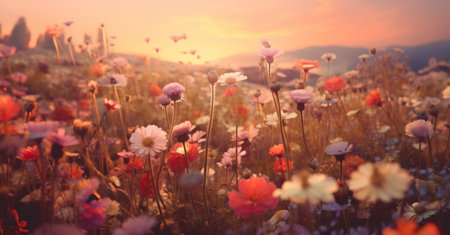 beautiful flower background violet nature sunset blooming pink meadow field plant. Generative AI.の素材