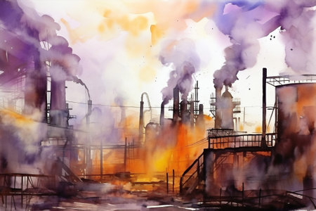 Chemistry factory energy industrial production plant smoke ecology chimney refinery pollutionの素材
