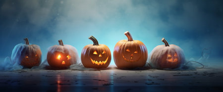background table halloween evil mystery blue pumpkin horror night black fear. Generative AI.の素材