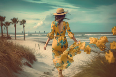 fashion woman slim dress hippie summer beach lifestyle person sea beautiful. Generative AI.の素材