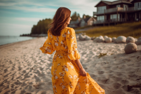 person woman summer beach style sea fashion beautiful dress hippie lifestyle. Generative AI.の素材